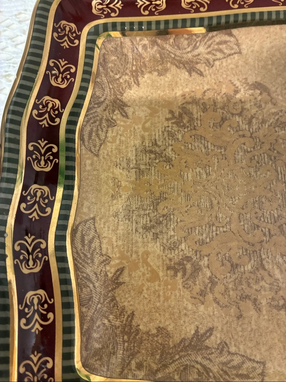 Townhouse Ornate Ceramic Rectangular Vanity Tray - Gold, Green, Burgundy